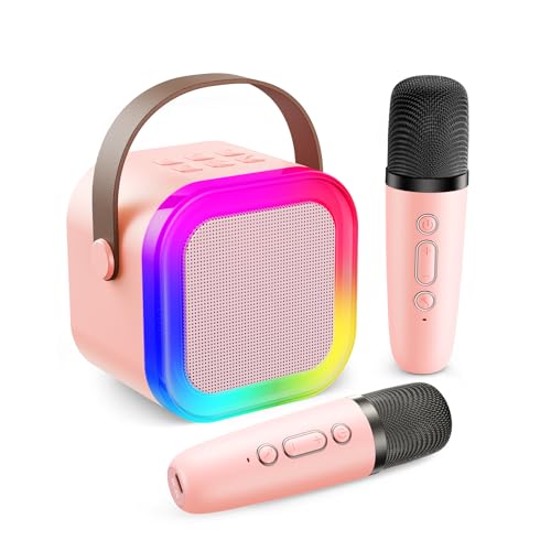 Karaoke Machine for Kids Adults, Mini Karaoke Machine with 2 Wireless Microphones, Portable Bluetooth Speaker with Voice Changing Effects & LED Lights, Best Gifts Toys for Girls and Boys - color: Pink