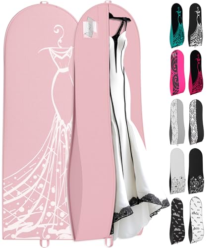 Your Bags Women’s Dress and Gown Garment Bag -72”x24” and 10” Tapered Gusset Prom Bags (Pink & White Dress Print) - color: Pink & White Dress Print