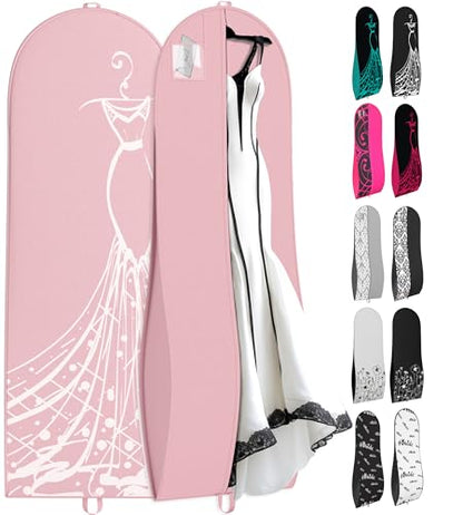 Your Bags Women’s Dress and Gown Garment Bag -72”x24” and 10” Tapered Gusset Prom Bags (Pink & White Dress Print) - color: Pink & White Dress Print