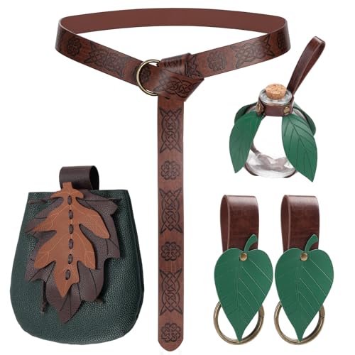 Women Renaissance Accessories Leather Belt Pouch Medieval Viking Skirt Hikes Renaissance Leaf Cosplay for Halloween - color: Bottle Set-brown Green