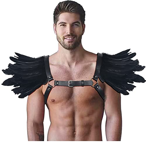L'VOW Men Gothic Natural Real Feather Epaulet Shrug Shoulder Strap for Halloween Costume - Pack of 2 - color: C-belt Black