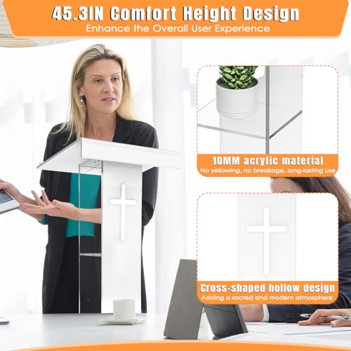 45.3 Acrylic Podium Lectern, Pulpit for Churches Stand with Double Shelves, Modern Plexiglass Pulpits Lectern with Cross Design for Classroom, Conference, Presentation,Wedding - size: 45.3IN-cross