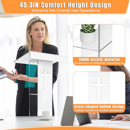 45.3 Acrylic Podium Lectern, Pulpit for Churches Stand with Double Shelves, Modern Plexiglass Pulpits Lectern with Cross Design for Classroom, Conference, Presentation,Wedding - size: 45.3IN-cross