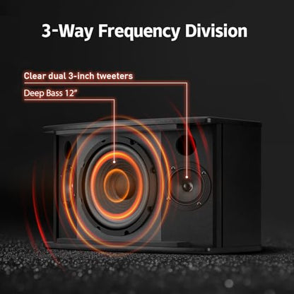 12" Passive Speaker Pair, 1600W Peak Power 3-Way Karaoke Speakers, 8 Ohm with MDF Enclosure & Wall Brackets, for Crystal Clear Vocals, Home Entertainment, DJ and PA Audio，Needs Amplifier/Receiver - size: 12 inch passive speaker