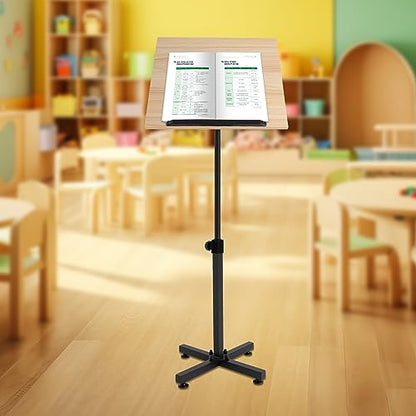 Wood Lectern Podium Stand, Height Adjustable Wooden Lectern, Lecterns Podium Stand with Storage Platform Tilting Desktop with Edge Stopper Load Capacity 45lbs for Classroom, Office, Church - Brown
