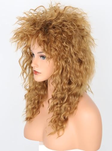 80s Rock Diva Wig Dirty Gold Fluffy Big Roll Mullet Wigs for Man or Woman Halloween Party Costume Cosplay Wig - color: Golden/Brown
