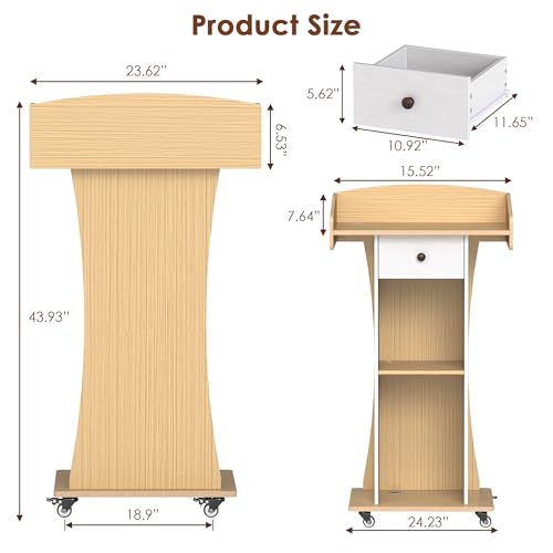Podium Stand with Metal Wheels Wooden Lectern Podium Stand Portable Pulpit Standing with Storage Mobile Reception Podiums Desk for Church Office School Conference Restaurant Meeting,Wood - color: White&wood