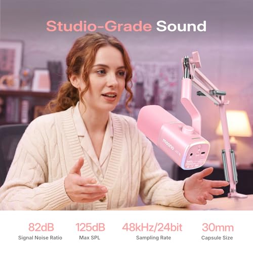 MAONO PD100W USB Wireless Dynamic Microphone for PC, Gaming Streaming Podcast Mic with Noise Reduction,Custom RGB, Mute，Volume Control, Computer Boom Mic for Vocal Recording, Pink