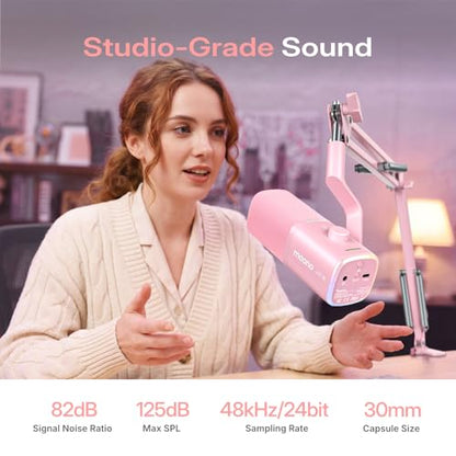 MAONO PD100W USB Wireless Dynamic Microphone for PC, Gaming Streaming Podcast Mic with Noise Reduction,Custom RGB, Mute，Volume Control, Computer Boom Mic for Vocal Recording, Pink