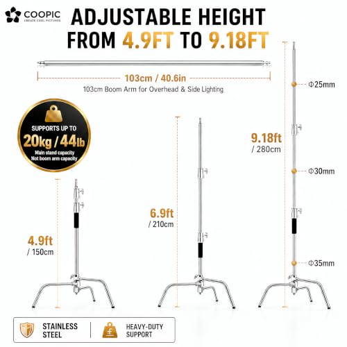 Heavy Duty C Stand with Boom Arm - 9.18ft/280cm Stainless Steel Photography Light Stand | 103cm Holding Arm, 2 Grip Heads, Turtle Base For Studio Photography & Video Lighting - size: M280 1 Pack