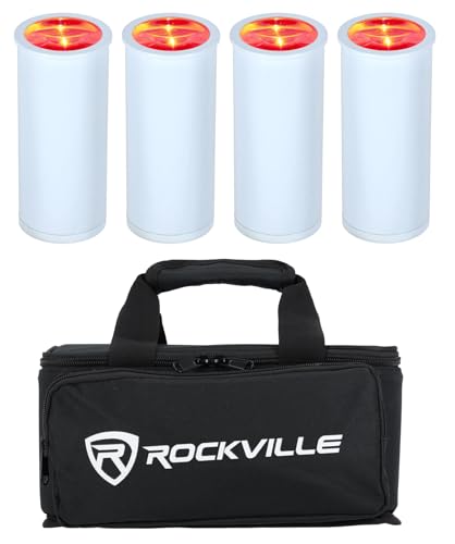 Rockville 4 Pack MINI Halo White DJ Wash Lights + Bag, Wireless DMX, 17 Hour Battery, Wireless DMX, RF Remote | Wireless DMX, RF Remote, 10-17 Hr Runtime, Compact Aluminum, Sound Activated, LCD Display, Adjustable 31-64 Degree Lens - color: White