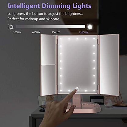 deweisn Trifold Lighted Vanity Makeup Mirror with 21 LED Lights,1x/2x/3x Magnification and Touch Screen Dimming,Two Power Supplies Makeup Mirror, Gift for Women - color: Pink