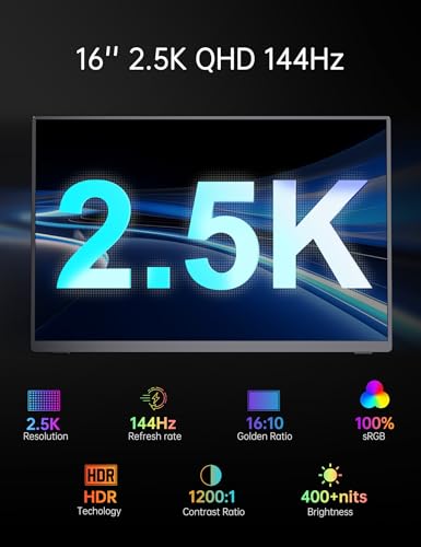 Portable Travel Monitor 2K 144Hz 16" for Laptop PC Switch Xbox PS5/4