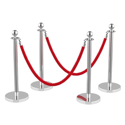 4Pcs Stanchions Post and Velvet Ropes, Crowd Control Barriers with Weighted Base, Red Carpet Runner Poles, Retractable Safety Barriers for Party, Wedding, Theater, Event, Hotel - color: 4 pack, size: without Red Carpet