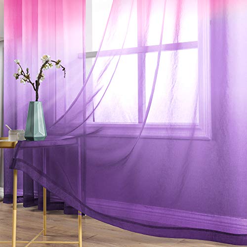 KOUFALL Purple and Hot Pink Sheer Curtains 2 Panels 84 Inches Long,Preppy Princess Coquette Curtains for Teen Girls Bedroom - color: Pink and Purple, size: 52"W x 84"L (Pack of 2)