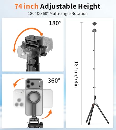 74" Magnetic Phone Tripod with Phone Clip for Magsafe, Camera Tripod | Aluminum Phone Tripod with Remote & Cold Shoe,Camera Stand Tripod for iPhone/Canon/Nikon/DSLR/Digital Camera Accessory Kits - size: 74in