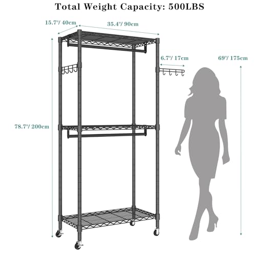 Heavy Duty Rolling Garment Rack, 3 Tiers Wire Shelves Adjustable Freestanding Portable Rolling Clothing Rack with Lockable Wheels, 35.4''L x 15.8''W x 78.8''H, Max Load 420LBS | Wire Adjustable Garment Rack for Hanging Clothes with 2 Hanger Rods, 35.4''L
