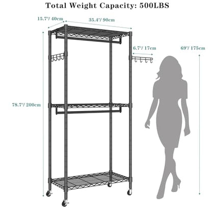 Heavy Duty Rolling Garment Rack, 3 Tiers Wire Shelves Adjustable Freestanding Portable Rolling Clothing Rack with Lockable Wheels, 35.4''L x 15.8''W x 78.8''H, Max Load 420LBS | Wire Adjustable Garment Rack for Hanging Clothes with 2 Hanger Rods, 35.4''L