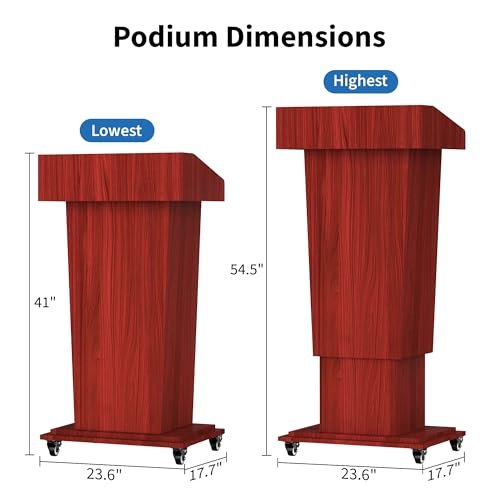 Tredre Wooden Podium Stand with Wheels, 41”–54.5” Height Adjustable Lectern | Mobile Podium with Crank Lift, Stable Base & Storage Shelf, Elegant Pulpit for Churches, Schools, Seminars and Auditoriums - color: Dark Cherry
