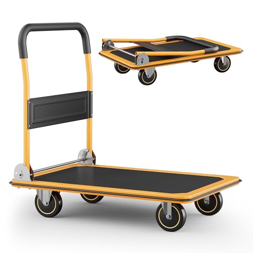 Foldable Push Cart Dolly | 660 lbs. Capacity | Heavy Duty Moving Platform Hand Truck with Swivel Wheels | Small Flatbed Cart | Space Saving Push Handle-y - color: Yelloww-660 Lbs. Capacity