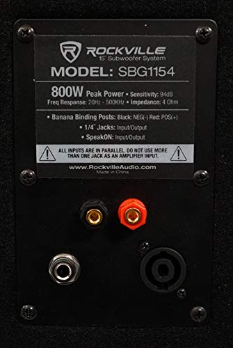 Rockville SPGN128 12" PA Speakers 2-Pack with SBG1154 Sub and Stands | 1200W Peak / 300W RMS Each, 800W Peak / 400W RMS 15-Inch Sub, 2 Stands, 2 x 20-Foot Cables, 5-Items