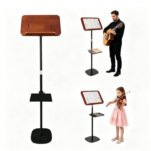 Adjustable Wood Music Stand, 2 in 1 Floor Book & Cookbook Stand with Tray | Adjustable Height 33"-59" Sheet Music Stand with Page Clips, Multi-use Bookstand Violin Stand