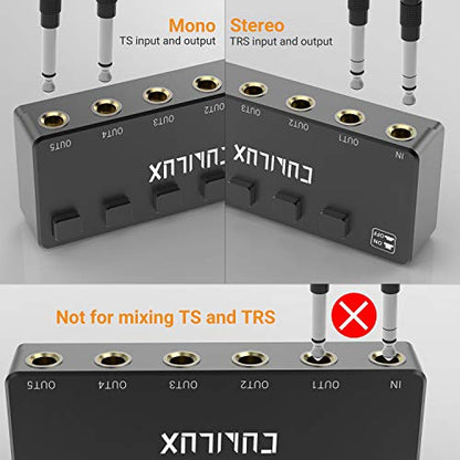 5-Way 6.35mm Stereo Audio Splitter with Switch, Passive Multi 1/4” AUX Distributor, Quarter Inch TRS Splitter Box/HUB for Instrument Cable, Headphones, Speaker, Guitar, Keyboard, Pedal - color: Black, Switcher Control