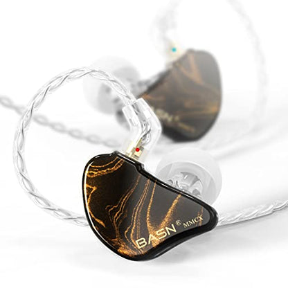 BASN MMCX in Ear Monitor,Triple Driver Musician IEM Headphone,Gold Obsidian | Hybrid 2DD+1BA Driver Drummer Earphone with Powerful Bass,Secure Over-ear Design,4.9ft Detachable Silver-plated & Mic Cables - color: Golden Obsidian