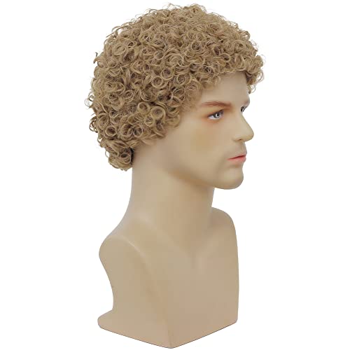 Swiking Mens Short Blonde Afro Curly Wigs Rocker Wig California Halloween Cosplay Costume Daily Male Synthetic Fibre Hair Wig (Blonde) - color: Blonde Grey