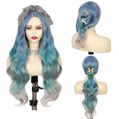 Quantum Love Long Curly Ombre Blue Wig for Women Long Wavy Bluish Green Wigs 28inch Natural Looking Synthetic Colorful Hair for Cosplay Halloween DailyParty Use - color: Ombre Blue