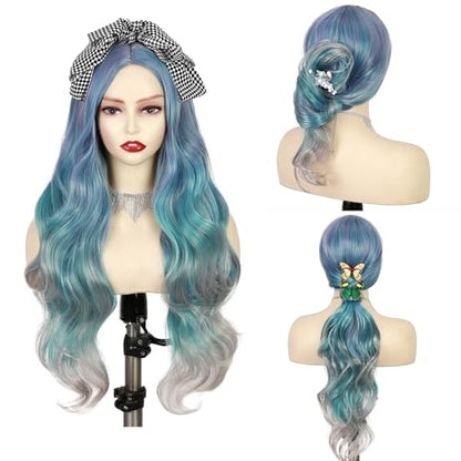 Quantum Love Long Curly Ombre Blue Wig for Women Long Wavy Bluish Green Wigs 28inch Natural Looking Synthetic Colorful Hair for Cosplay Halloween DailyParty Use - color: Ombre Blue