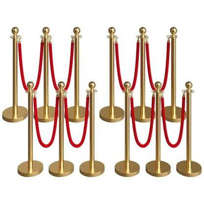 12 Pcs Gold Stanchions and Velvet Ropes Set, Stainless Steel Crowd Control Barriers, 8Pcs Red Carpet Ropes and Poles for Party Supplies,360 Photobooth,Prom,Birthday,Business,Wedding,Museums (2package) - color: Gold, size: 12pcs