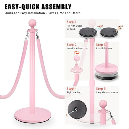 Pink Stanchions and Velvet Ropes 6pcs Stainless Steel Posts | 4pcs 5ft Pink Velvet Ropes Crowd Control Barriers with Durable Refillable Base for Wedding, Party & Exhibition Events - color: Pink, size: 6 PCS