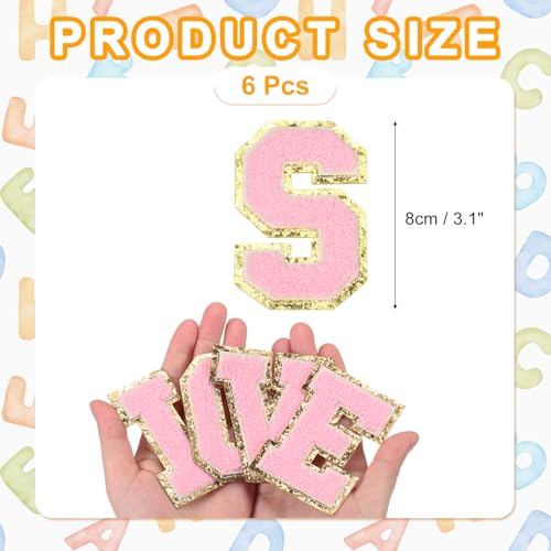 MECCANIXITY Chenille Letter Patches 3.1" Alphabet S Iron on Embroidered Patch Sew on Letter Stickers Applique for Repairing Clothing Jeans Shoes Hats DIY(Pink, Pack of 6) - style: Letter-S