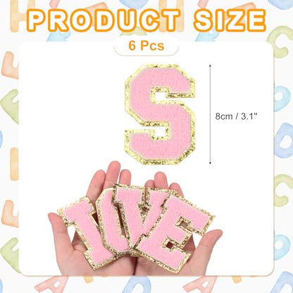 MECCANIXITY Chenille Letter Patches 3.1" Alphabet S Iron on Embroidered Patch Sew on Letter Stickers Applique for Repairing Clothing Jeans Shoes Hats DIY(Pink, Pack of 6) - style: Letter-S