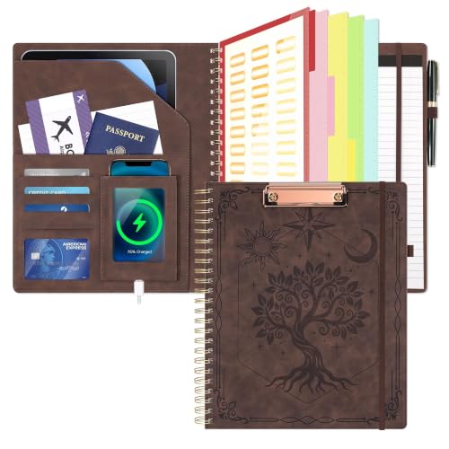 Clipboard with Storage for Men Women, Leather Padfolio Portfolio Organizer 5 Folders with 10 Pockets, Spiral Clipboard Folio with Notepad for Letter Size, Elastic Closure and Pen Loop Brown - color: Brown