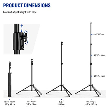 NEEWER 8.5ft/2.6m Air Cushioned Light Stand, Heavy Duty All Metal Tripod Stand with 1/4" to 3/8" Reversible Spigot, 3 Way Mounting Interface & Metal Locking Knobs, Max Load 5.5lb/2.5kg, ST-260AC | Metal Stand, 1/4" to 3/8" Reversible Spigot, 3 Way Mountin
