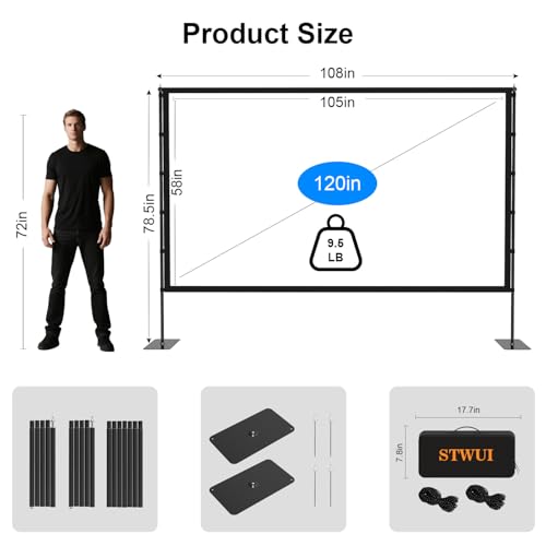 120 Inch Outdoor Projector Screen with Stand, 16:9 4K HD Portable Movie Screen, Lightweight Indoor Outdoor Projector Screen, Wrinkle-Free Screen with Carry Bag for Backyard, Camping, Home Theater
