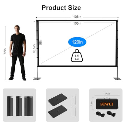 120 Inch Outdoor Projector Screen with Stand, 16:9 4K HD Portable Movie Screen, Lightweight Indoor Outdoor Projector Screen, Wrinkle-Free Screen with Carry Bag for Backyard, Camping, Home Theater