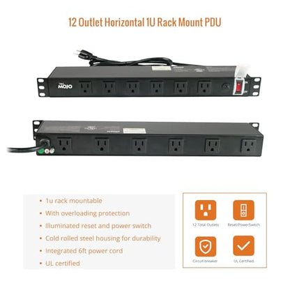 Tecmojo 1U Rackmount Network-Grade PDU, 12 Wide-Spaced Right Angle Outlets, Circuit Breaker 12A (UL Certified 12A) 6ft Cord w/ 5-15P Plug, Black - size: 12 Outlets/12A/Overloading Protection