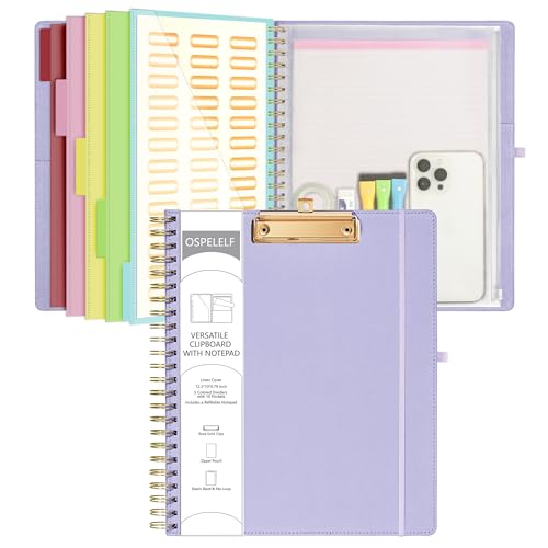 Ospelelf Foldable Spiral Clipboard Folio with Storage Zipper Pouch, 5 Plastic Folders with 10 Pockets, Refillable Lined Notepad (11" x 8.5"), Linen Hardcover Project Organizer (Light Purple) - color: Light Purple