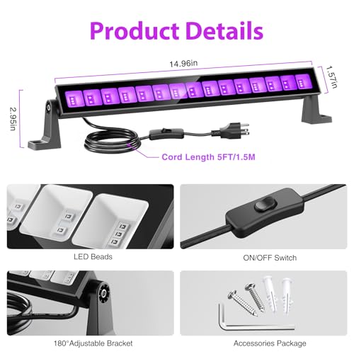 45W LED Black Light Bar,Black Lights for Glow Party,Waterproof Blacklight with Plug & Switch, Halloween Light for Glow in the Dark Party Supplies,Bedroom,Body Paint,Stage Lighting,4 Pack