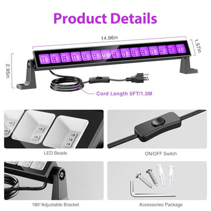 45W LED Black Light Bar,Black Lights for Glow Party,Waterproof Blacklight with Plug & Switch, Halloween Light for Glow in the Dark Party Supplies,Bedroom,Body Paint,Stage Lighting,4 Pack