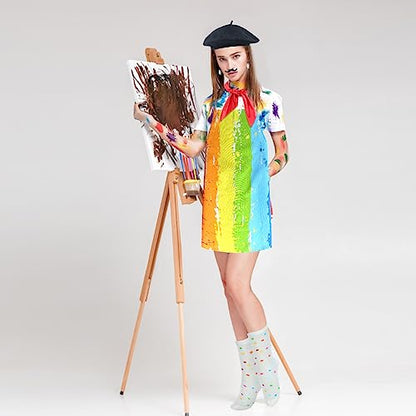 Kyson Artist Costume for Adult 8 Pcs Painter Halloween Dress Up with Beret Apron Palette Paint Brushes Earrings Bandana Beard - color: Rainbow Pattern Apron