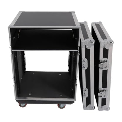 14U PA DJ Rack/Road ATA Case, Network & Stereo Rack with Slant Mixer Tops, Heavy-Duty DJ Work Table Rolling Studio Equipment Cabinet, Amplifier Mixer Storage Stand for Pro Tour Grade, Live Sound - size: 14U