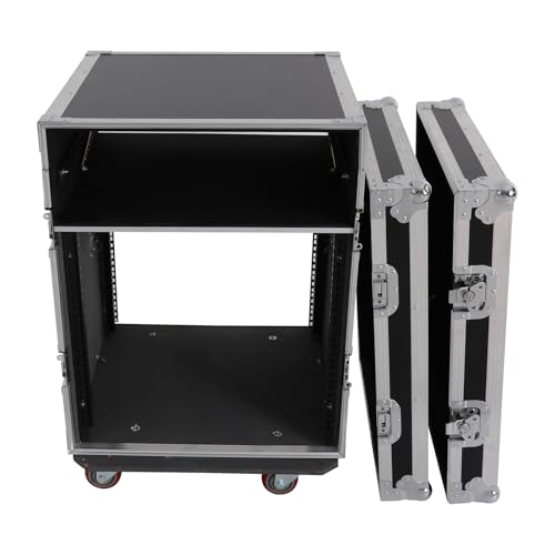 14U PA DJ Pro Audio Rack Road Case w/Slant Mixer Top, Heavy Duty Mobile Studio Equipment Cabinet w/4 Wheels, Network and Stereo Rack DJ Mixer Rack for Mixers & Live Sound - size: 14U / Side Tables & 4 Wheels