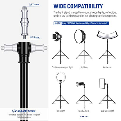 NEEWER 8.5ft/2.6m Air Cushioned Light Stand, Heavy Duty All Metal Tripod Stand with 1/4" to 3/8" Reversible Spigot, 3 Way Mounting Interface & Metal Locking Knobs, Max Load 5.5lb/2.5kg, ST-260AC | Metal Stand, 1/4" to 3/8" Reversible Spigot, 3 Way Mountin