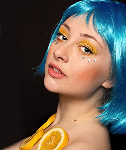 LIULIUBTY Short Bob Hair Wigs Straight with Flat Bangs Synthetic Colorful Cosplay Daily Party Neon Wig for Women with Wig Cap 12" Natural As Real (Teal Blue) - color: Teal Blue