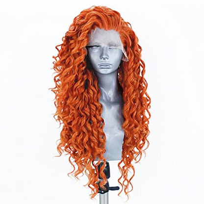 RDY Orange Lace Front Synthetic Wig Loose Body Wave Heat Fiber Hair 24inches Long Wavy Lace Front Wigs for Women Half Hand Tied Wig Cosplay Daily Use Hair - color: Orange-#2735