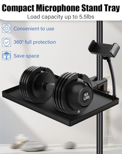 Mic Stand Tray 10.6" x 7.8" Large with Crab Clamp for Mixers & Gear | Sturdy ABS, Firm Grip, Easy ON/OFF, 5.5 lbs Capacity, Clamps on Microphone, Music, Drum Stands & Tripod, for Studio, Podcast - style: Tray with Phone Holder
